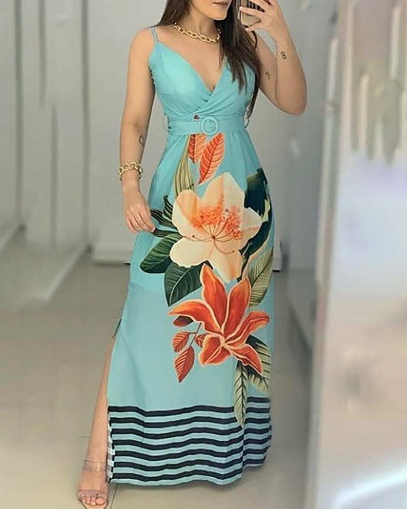 

Floral Print Striped Side Slit Maxi Dress, Green
