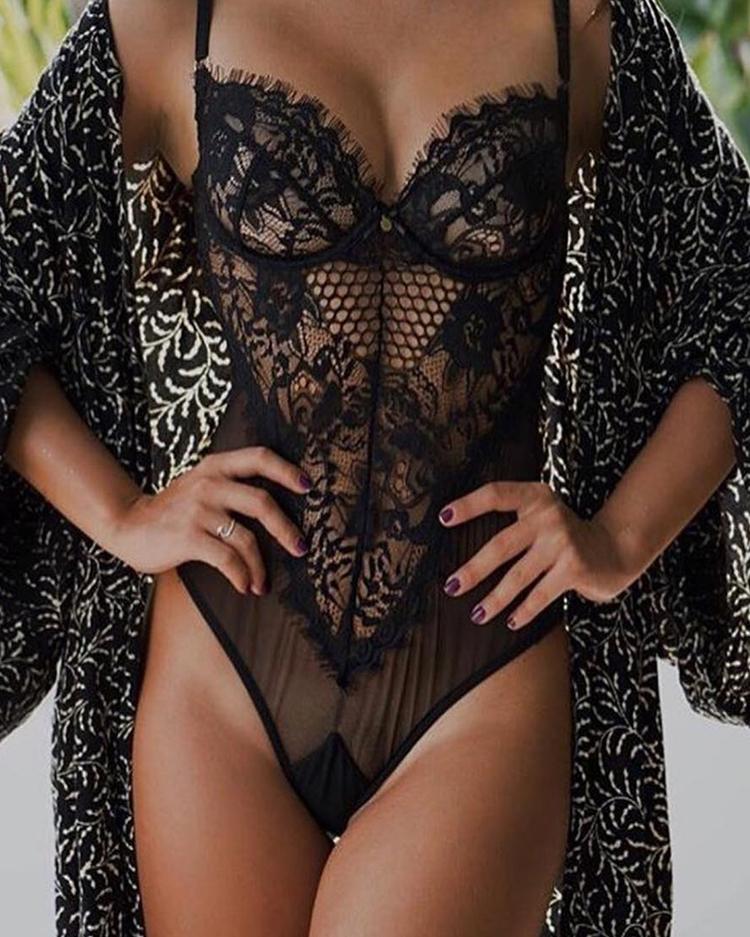 

Eyelash Lace Hollow Out Sheer Mesh Teddy, Black