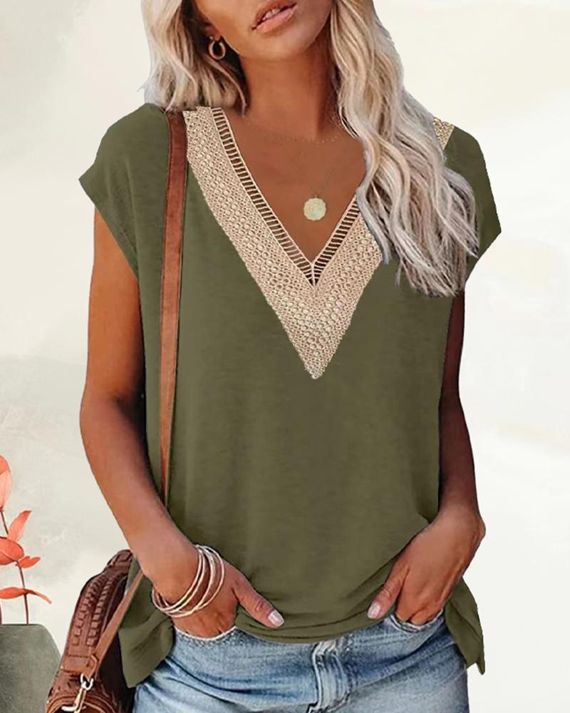 

Cap Sleeve Contrast Lace Top, Army green