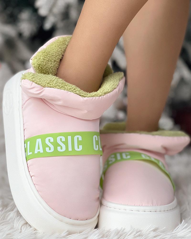 

Letter Pattern Lined Puffer Bootie Slippers, Pink