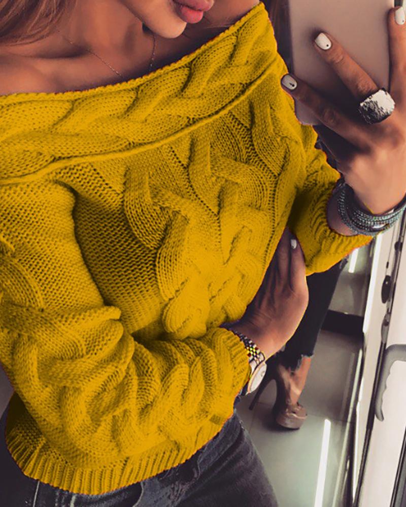 

Off Shoulder Braided Knitted Casual Sweater, Yellow