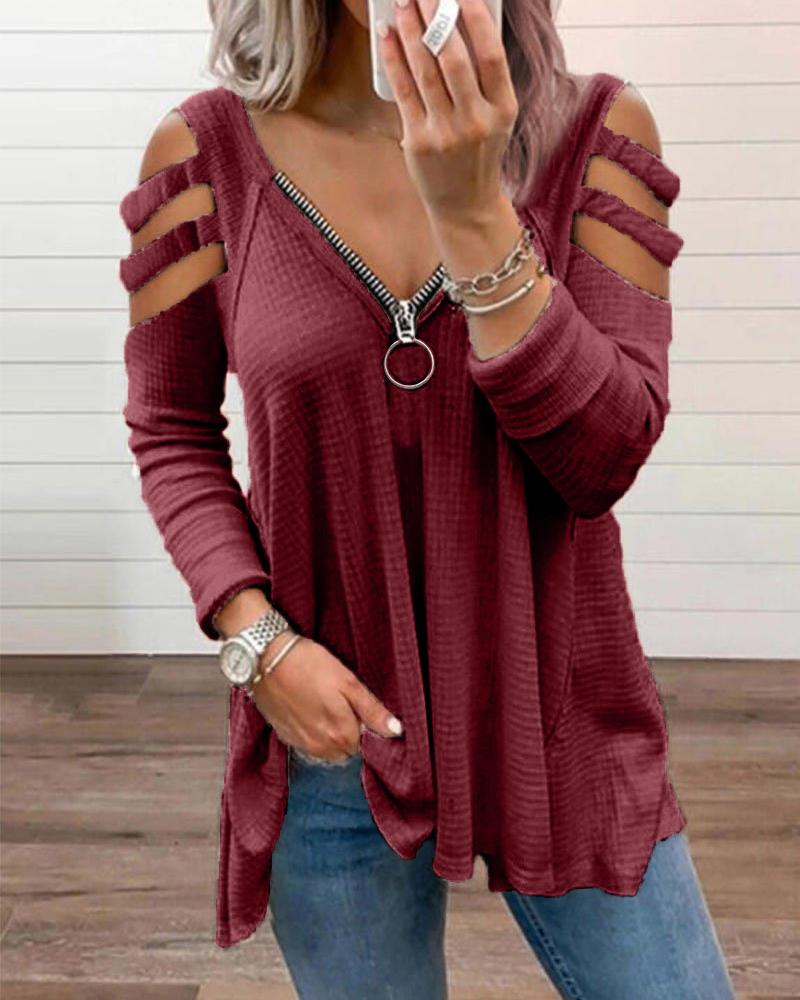 

Zipper Design Cutout Long Sleeve Top, Red