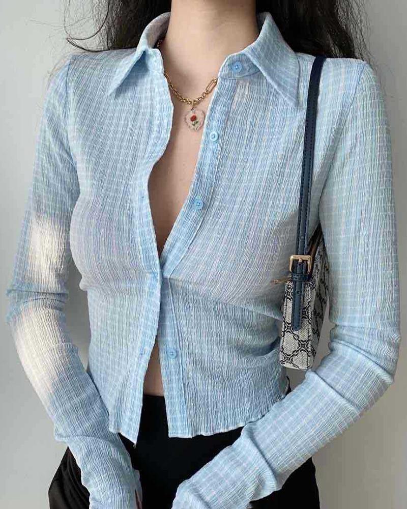 

Plaid Print Button Design Long Sleeve Shirt, Blue