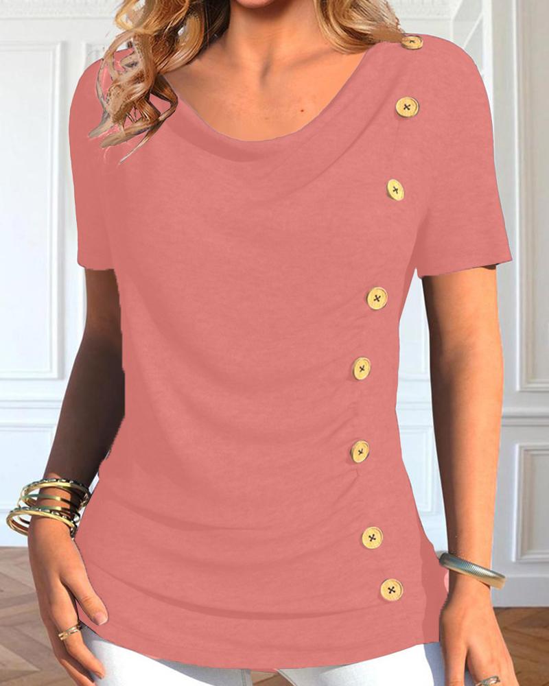 

Cowl Neck Buttoned Ruched Top, Pink