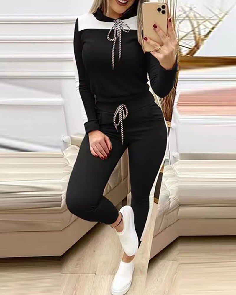 

Striped Print Long Sleeve Hooded Top & Drawstring Pants Set, Black