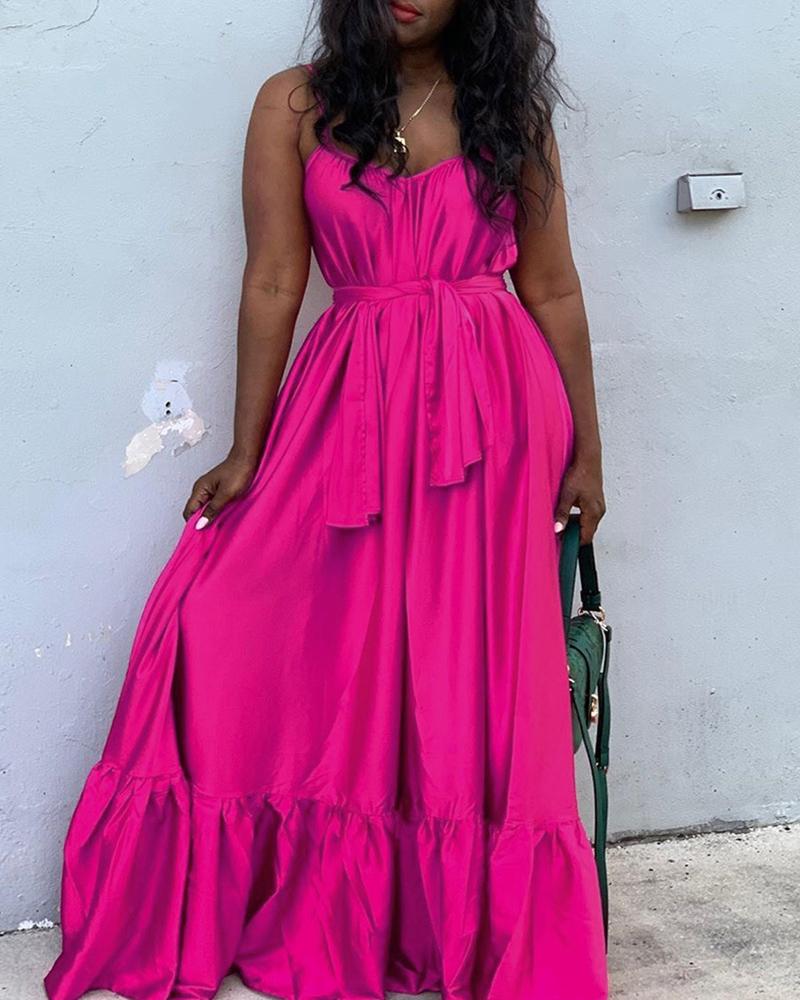

Spaghetti Strap Tied Detail Ruched Maxi Women Dress, Hot pink