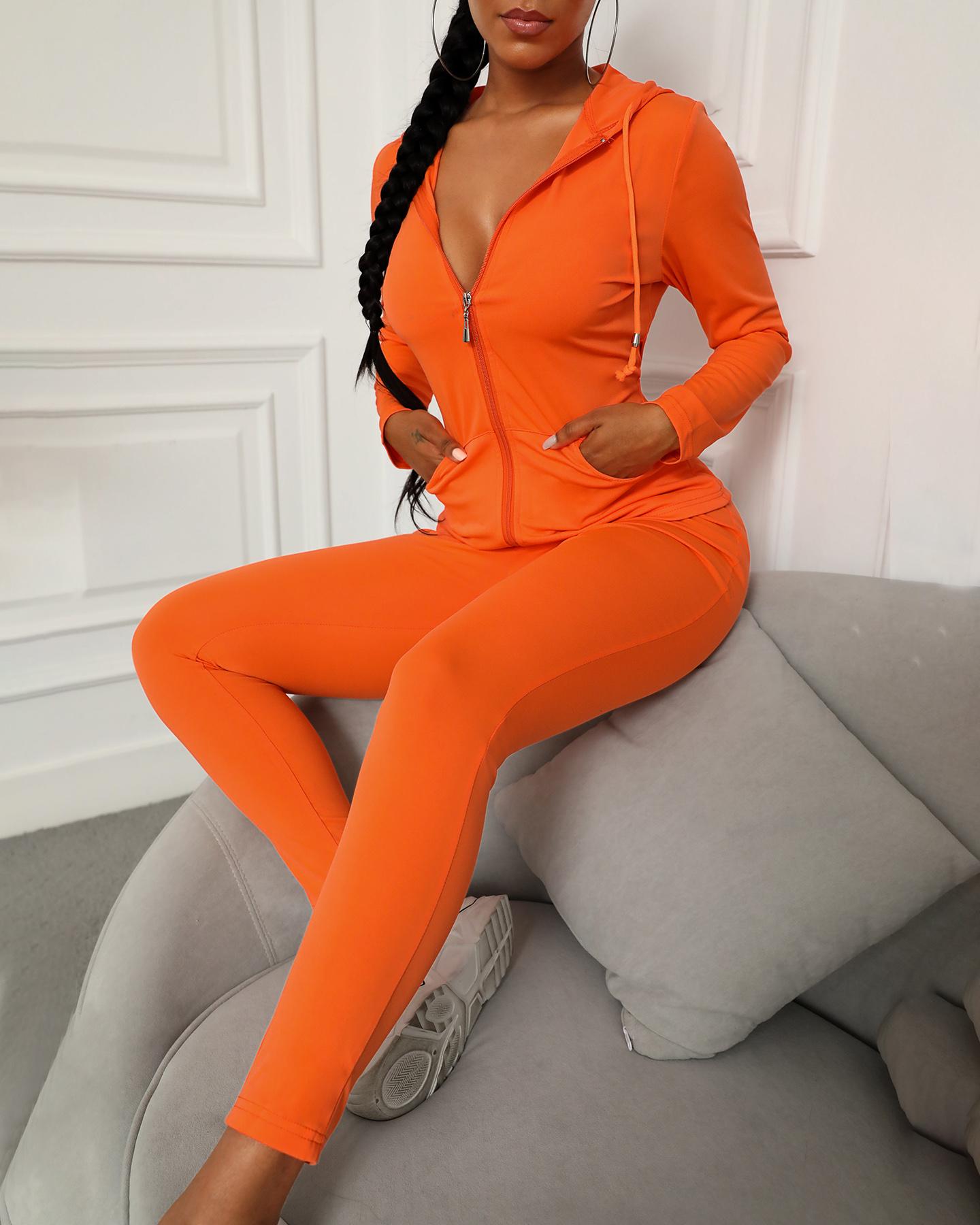 

Zipper Design Hooded Top & Fitted Pants Set, Orange