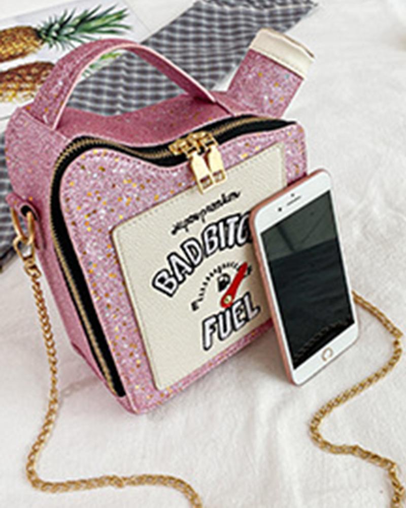 

Glitter Letter Pattern Funny Fashionable Crossbody Bag, Pink