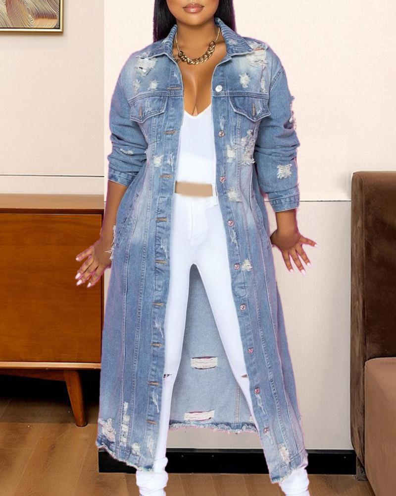 Ripped Buttoned Long Sleeve Pocket Design Denim Coat