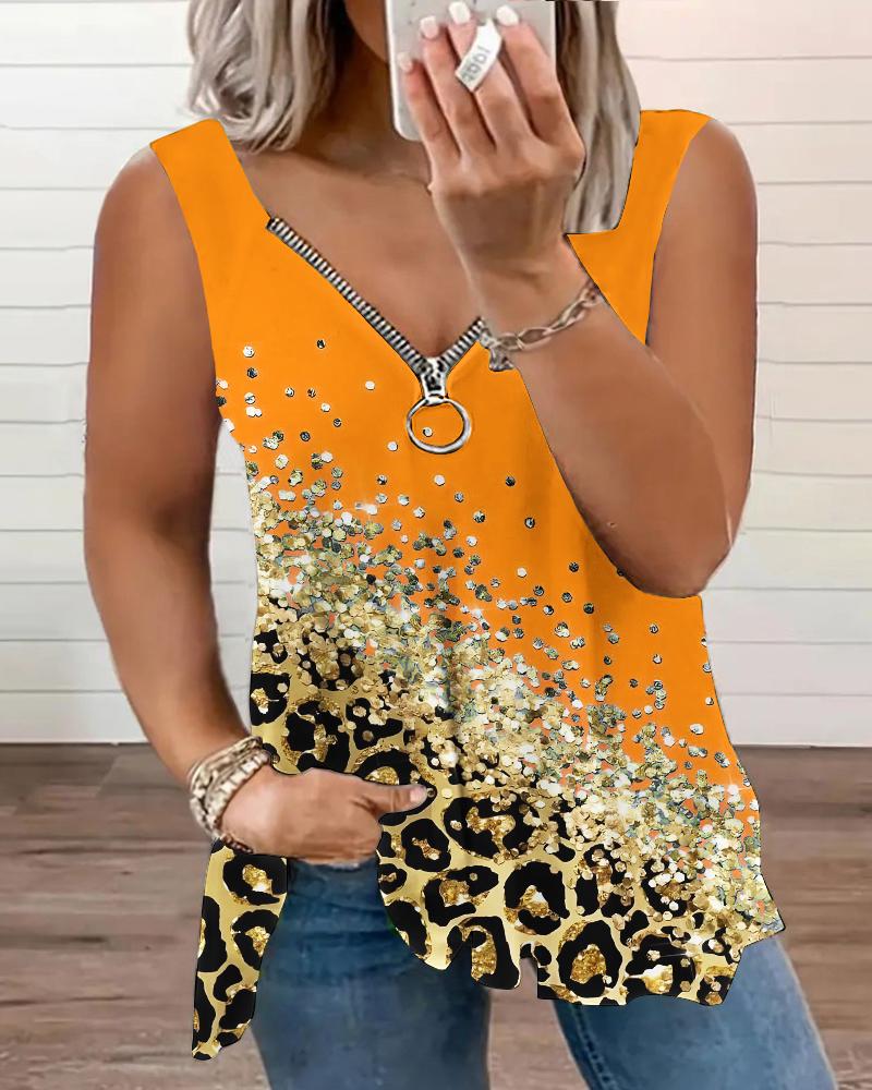 

Plus Size Contrast Leopard Print Zipper Design Tank Top, Orange