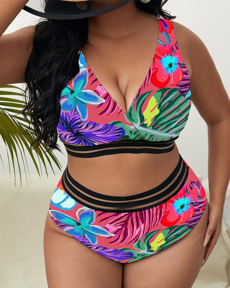 

Plus Size Tropical Print High Waist Bikini Set, Pink