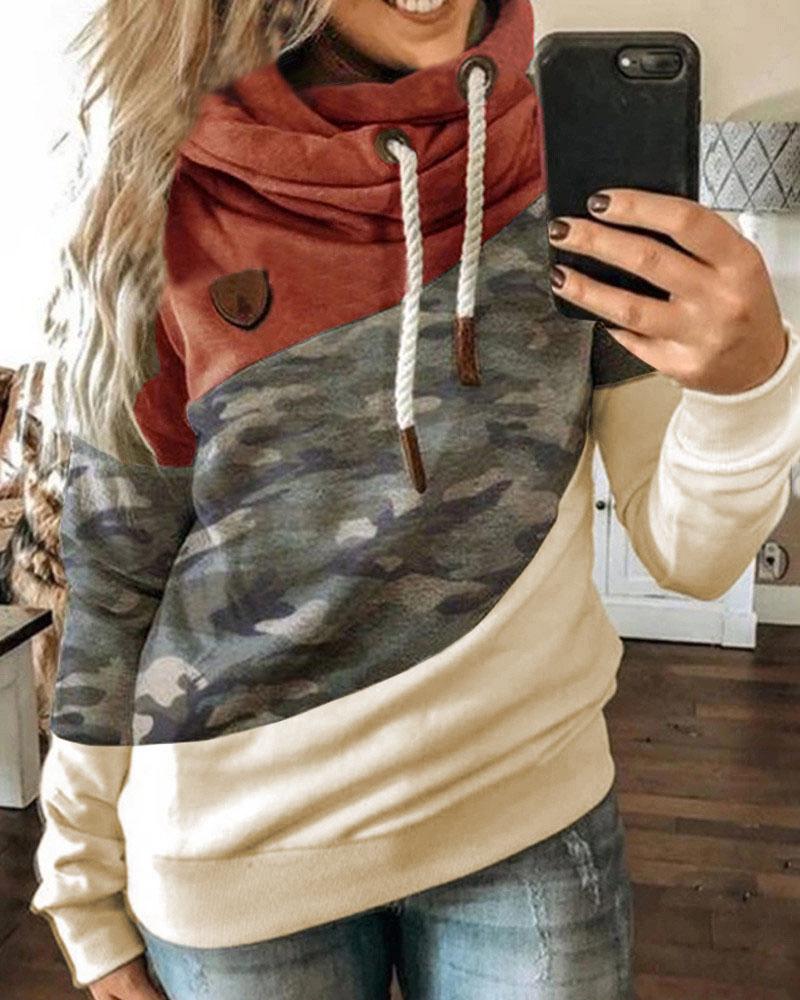 

Colorblock Camouflage Print Lantern Sleeve Hooded Top, Orange