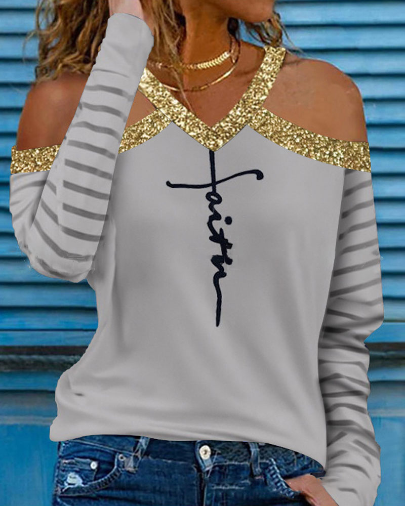 

Letter Print Cold Shoulder Top Long Sleeve Casual Daily Shirt, Gray