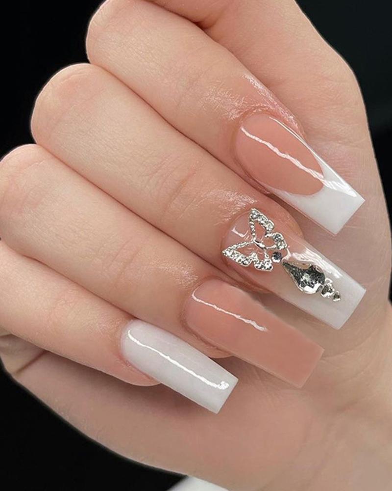 

24pcs Butterfly Glossy French Tip Coffin Press On False Nails Set, White