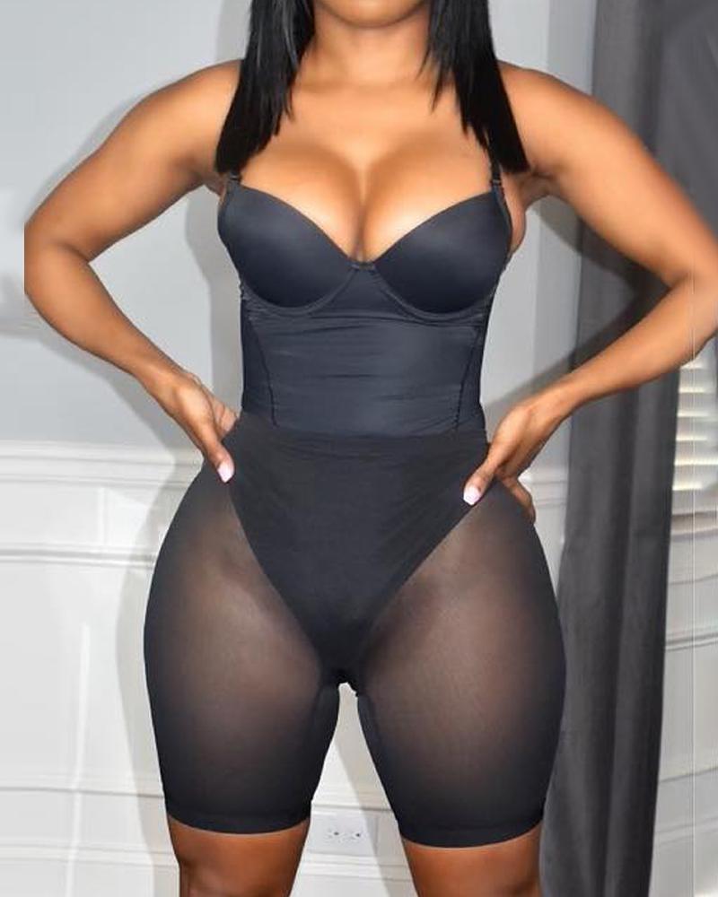 

Spaghetti Strap Bodysuit & Sheer Mesh Shorts Set, Black