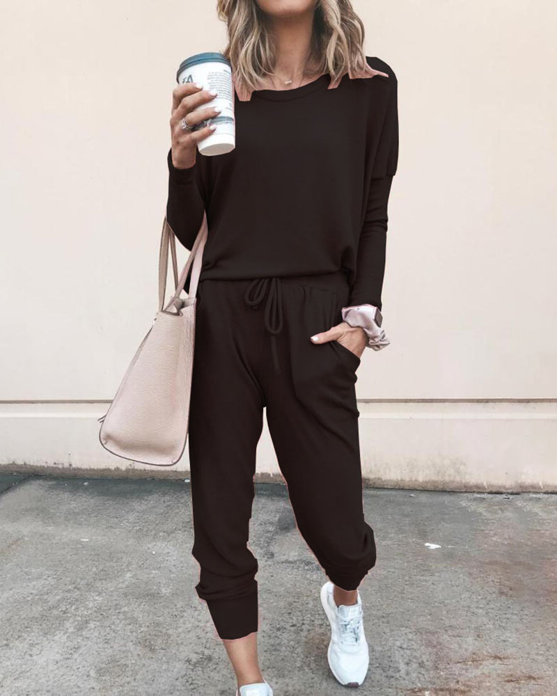 

Solid Long Sleeve Top & Drawstring Casual Pants Set, Black