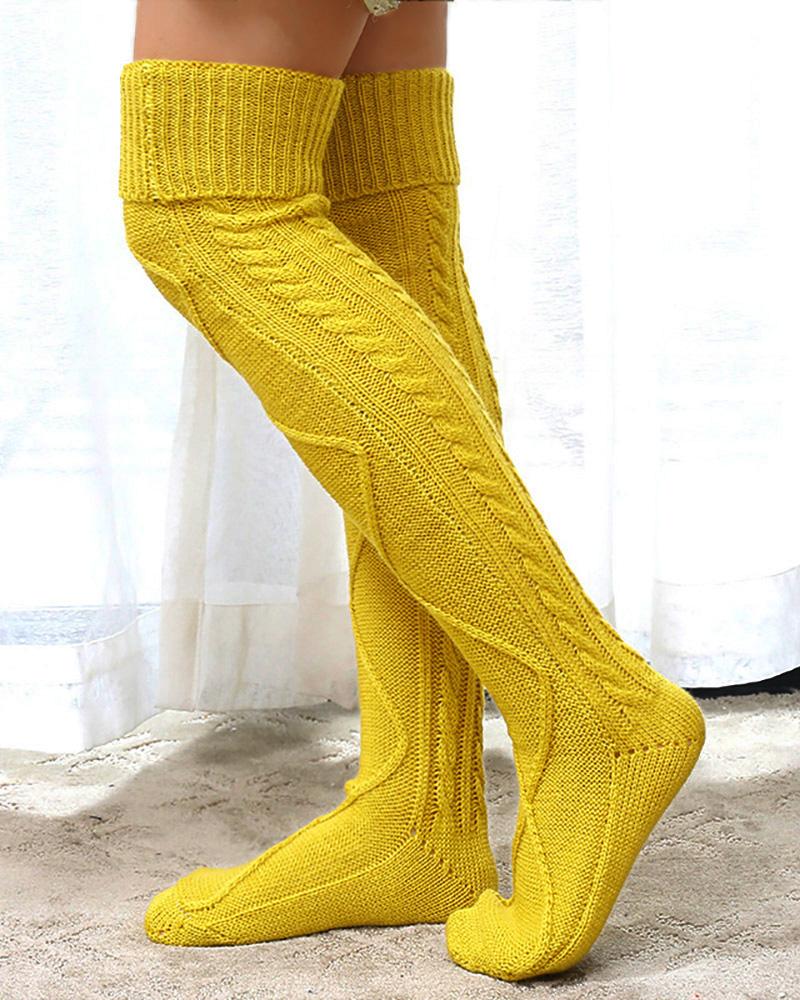 

Braided Knit Knee Length Socks, Yellow
