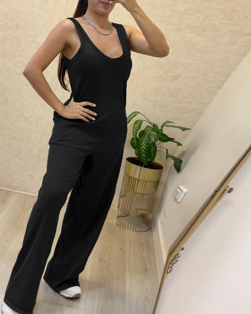 

U-Neck Thick Strap Casual Jumpsuit, Black