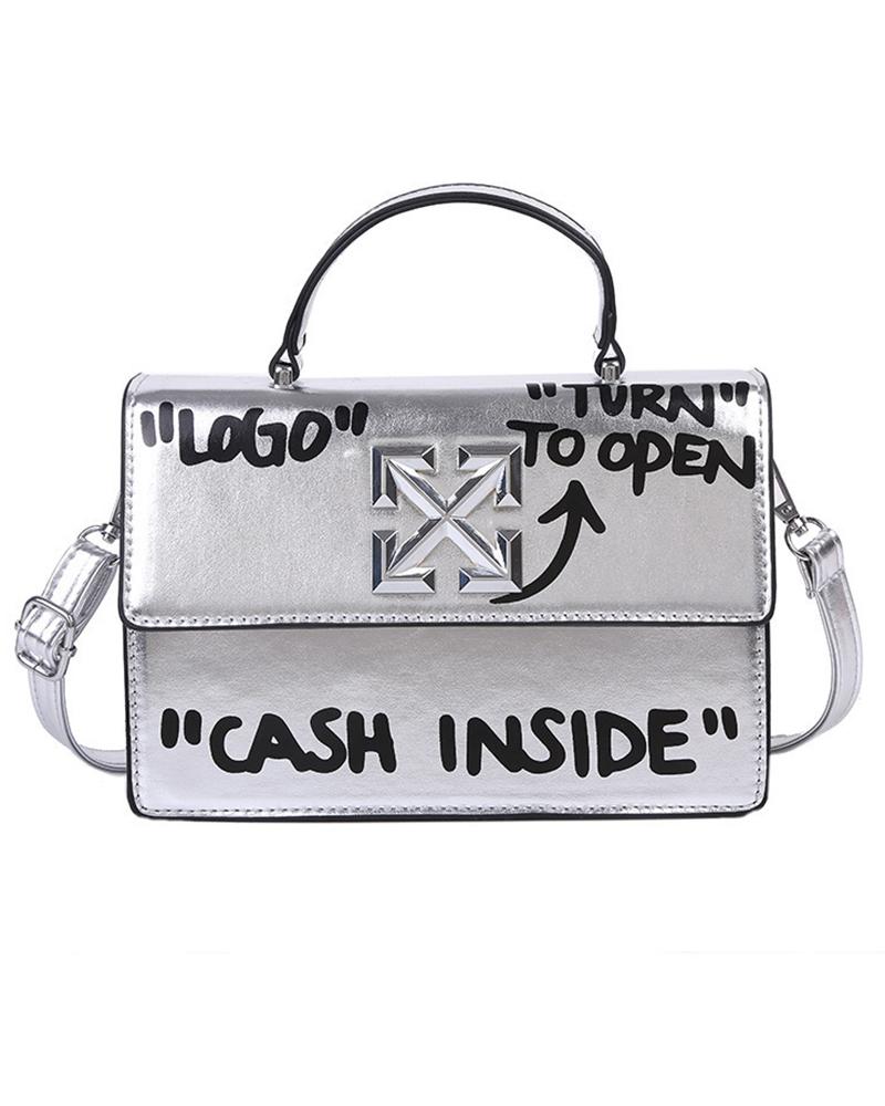 

Letter Print Flap Satchel Bag, Silver