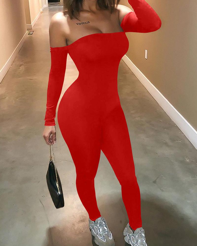

Solid Long Sleeve Off Shoulder Jumpsuit, Red