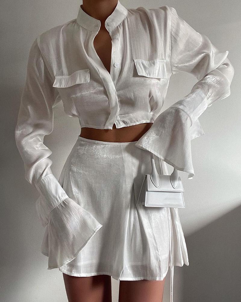 

Solid Color Flared Sleeves Short Shirt With Mini Skirt Sets, White