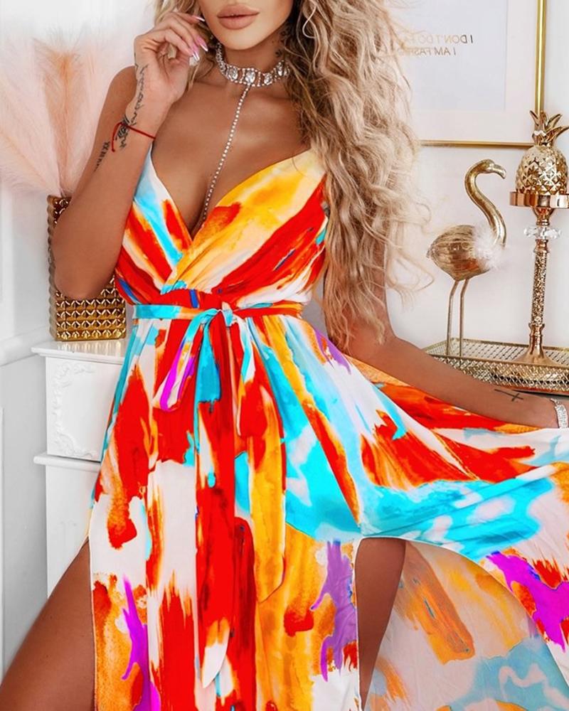 

Abstract Print V-Neck Slit Cami Dress, Multicolor
