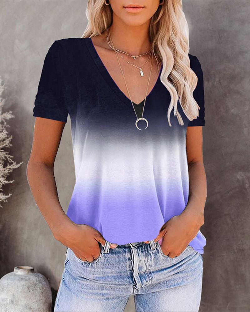 

Ombre V-Neck Short Sleeve Casual T-shirt, Blue