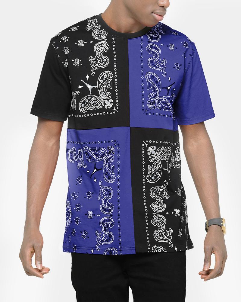 

Colorblock Paisley Print Short Sleeve Loose T-shirts, Blue
