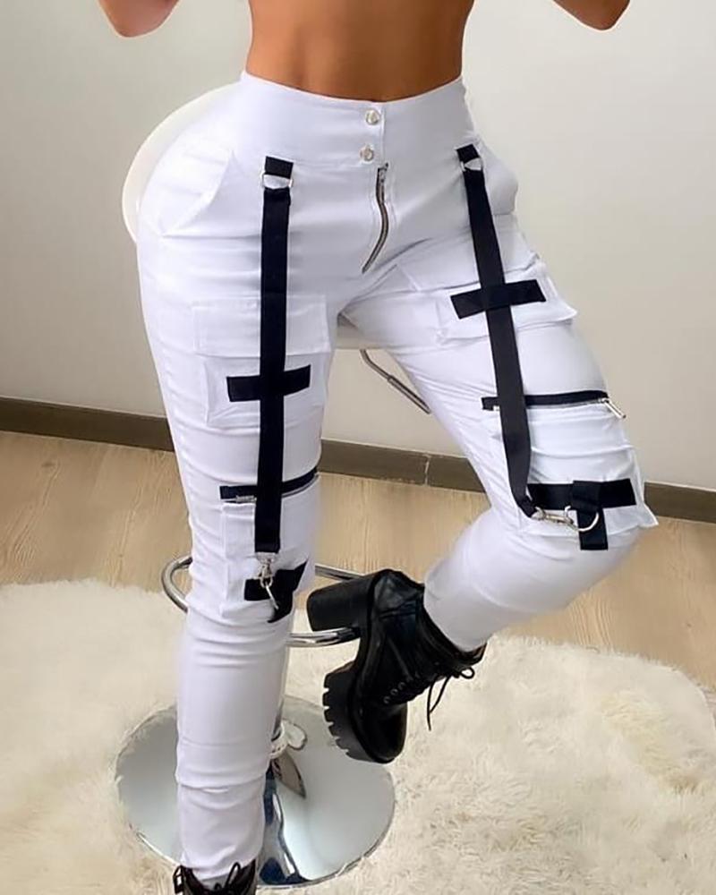 

Strap Decor Pocket Design Cargo Pants, White