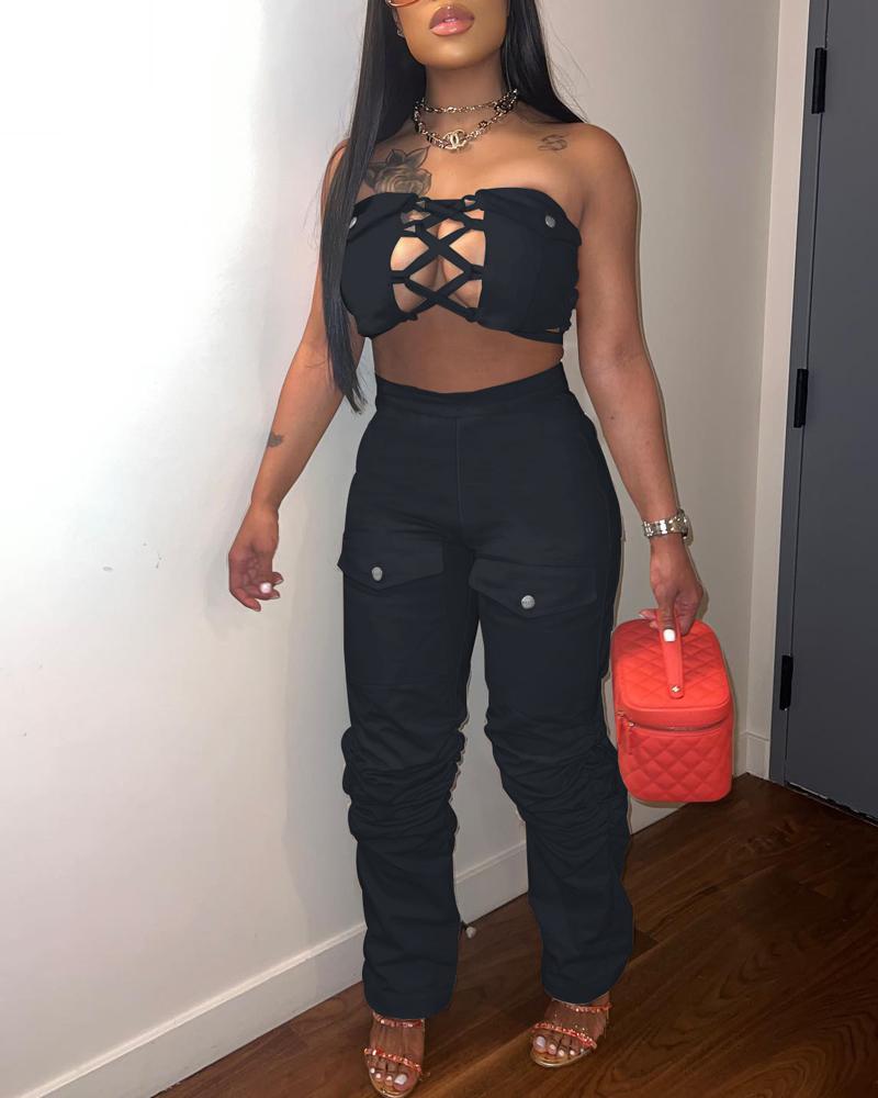 

Lace-up Tube Top & Ruched Pants Set, Black
