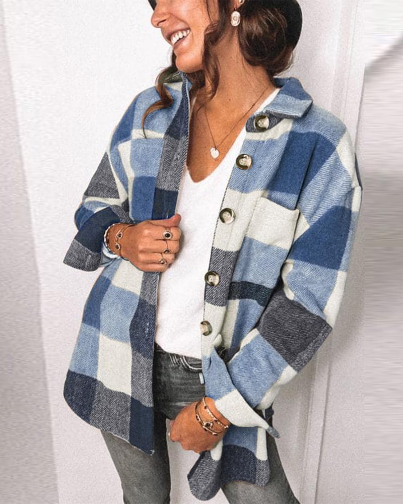 

Plaid Print Long Sleeve Button Down Shacket, Blue