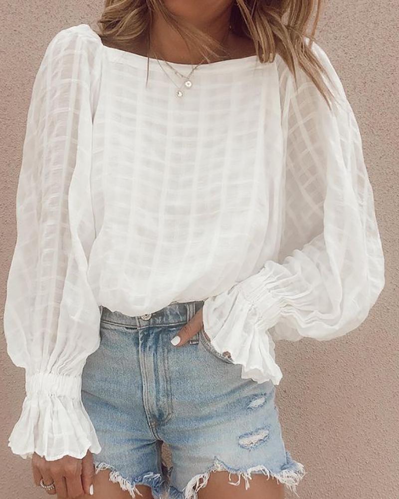 

Lantern Sleeve Plain Round Neck Casual Top, White