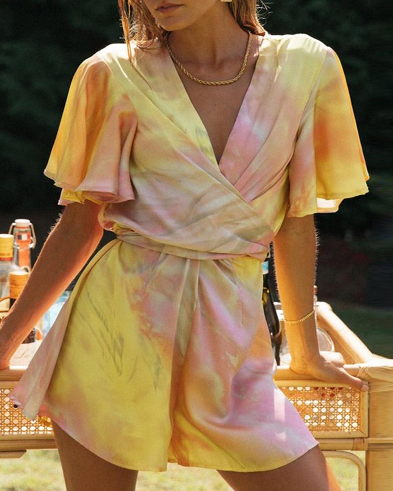 

Tie Dye Print Ruffles Tied Detail Backless Romper, Yellow
