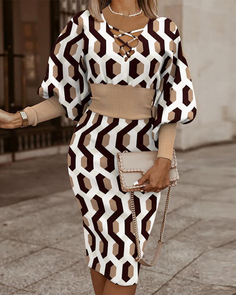 

Geometric Print Lantern Sleeve Midi Dress, Brown