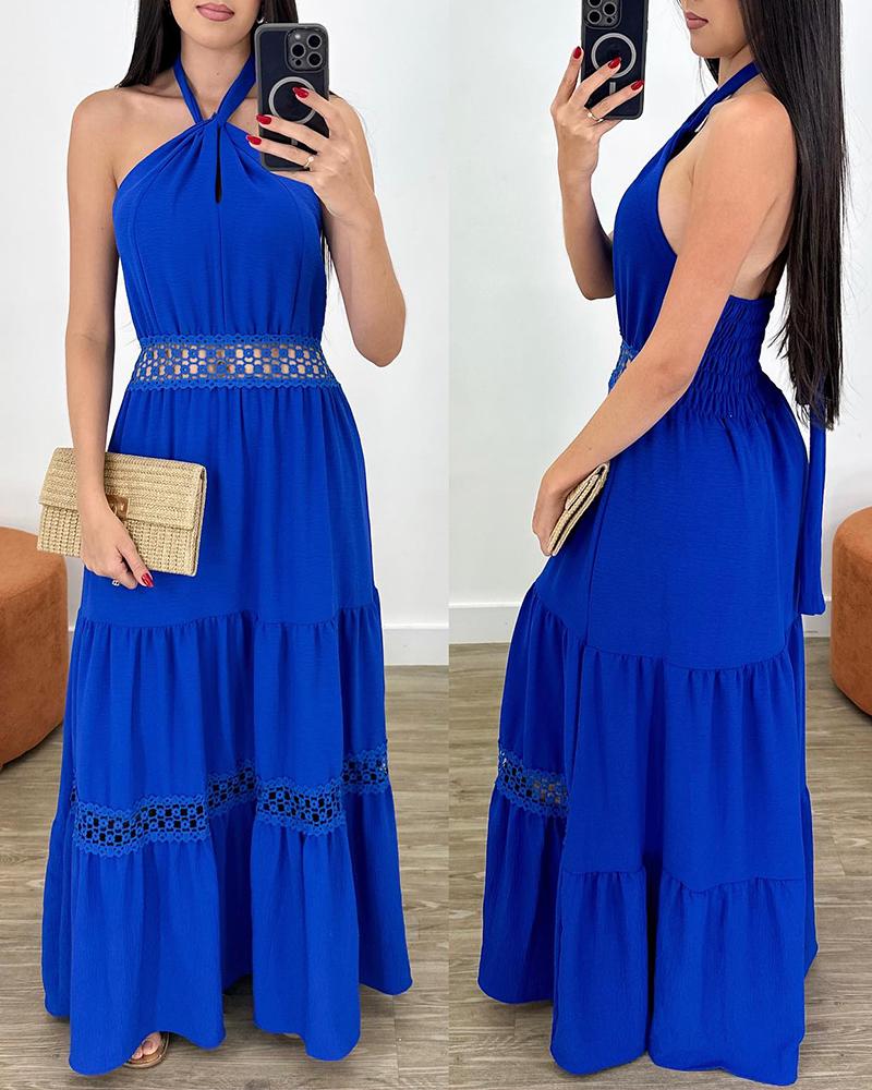 

Hollow Out Halter Shirred Maxi Dress, Blue