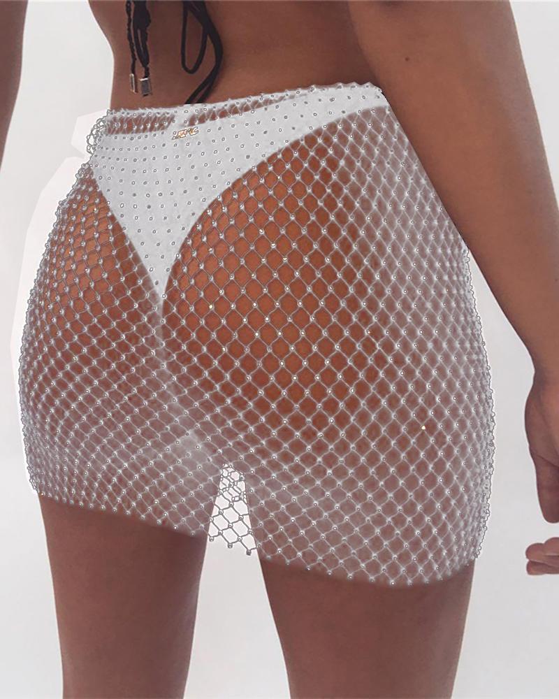 

Studded Fishnet Mesh Skirt Without Panty, White