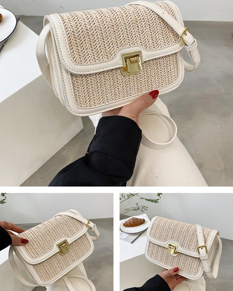 

Buckled Decor Straw Bag, White