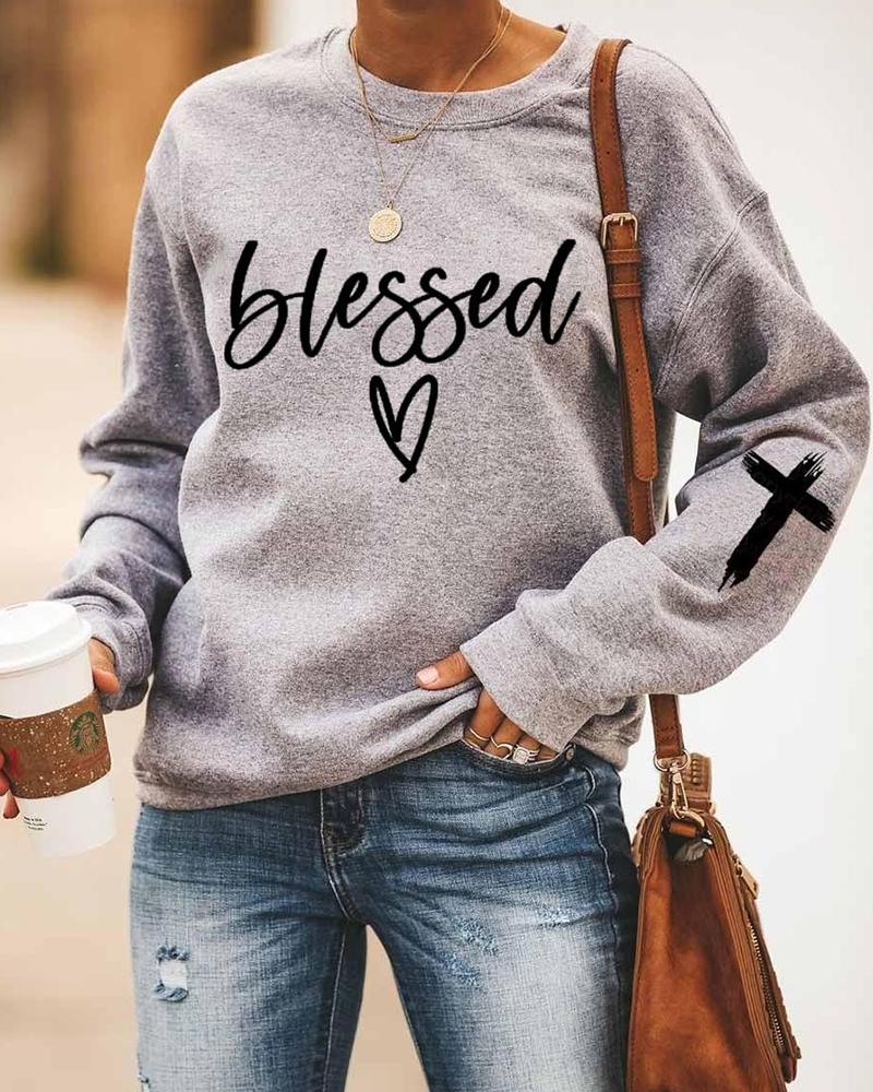 

Letter Heart Print Long Sleeve Casual Sweatshirt, Gray