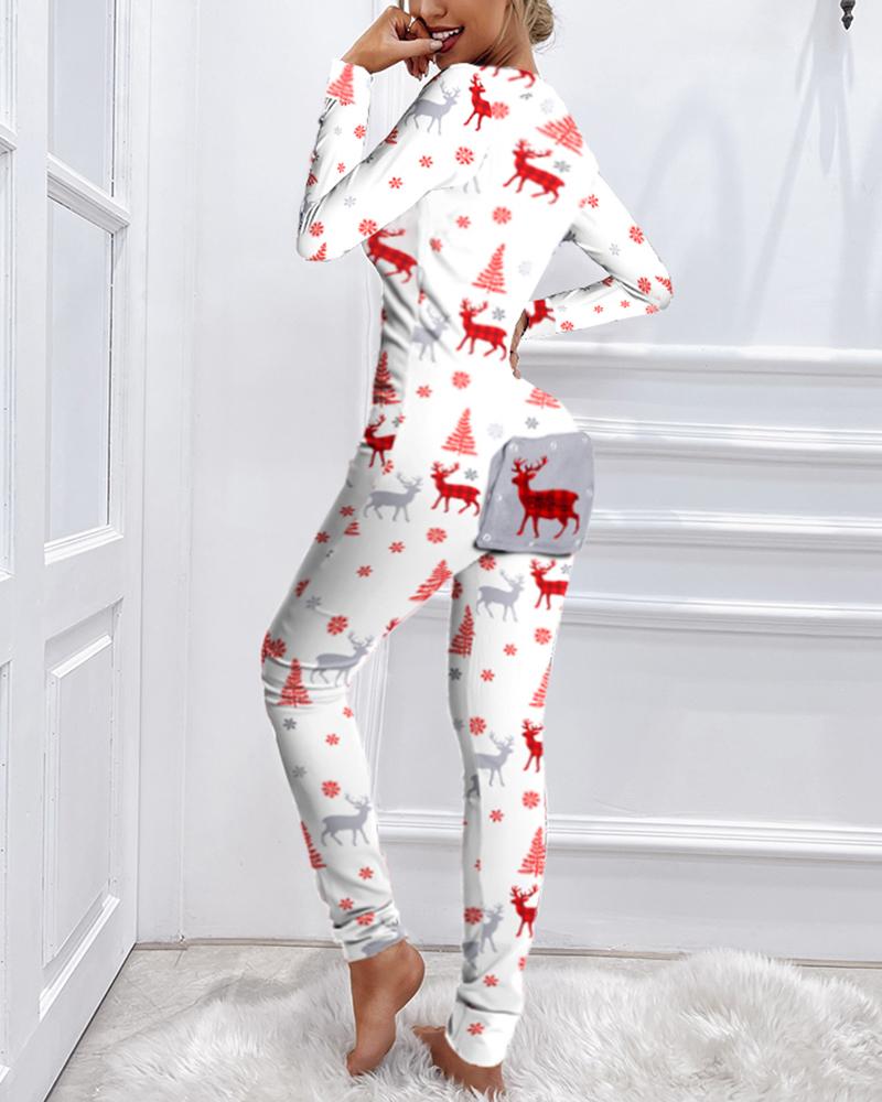 

Christmas Moose Print Functional Buttoned Flap Adults Pajamas, White