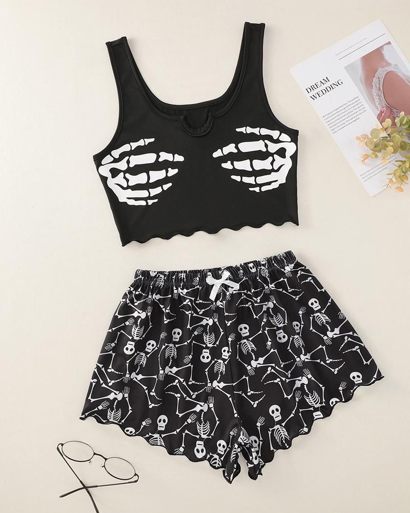 

Skeleton Print Bow Decor Pajamas Set, Black