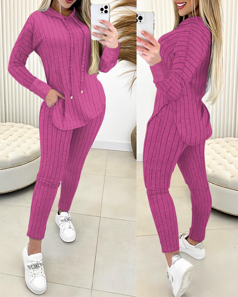 

Ensemble haut à capuche côtelé et pantalon à poches avec patch en dentelle, Hot pink