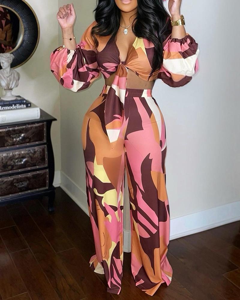 

Abstract Print Tied Detail Lantern Sleeve & Wide Leg Pants Set, Pink