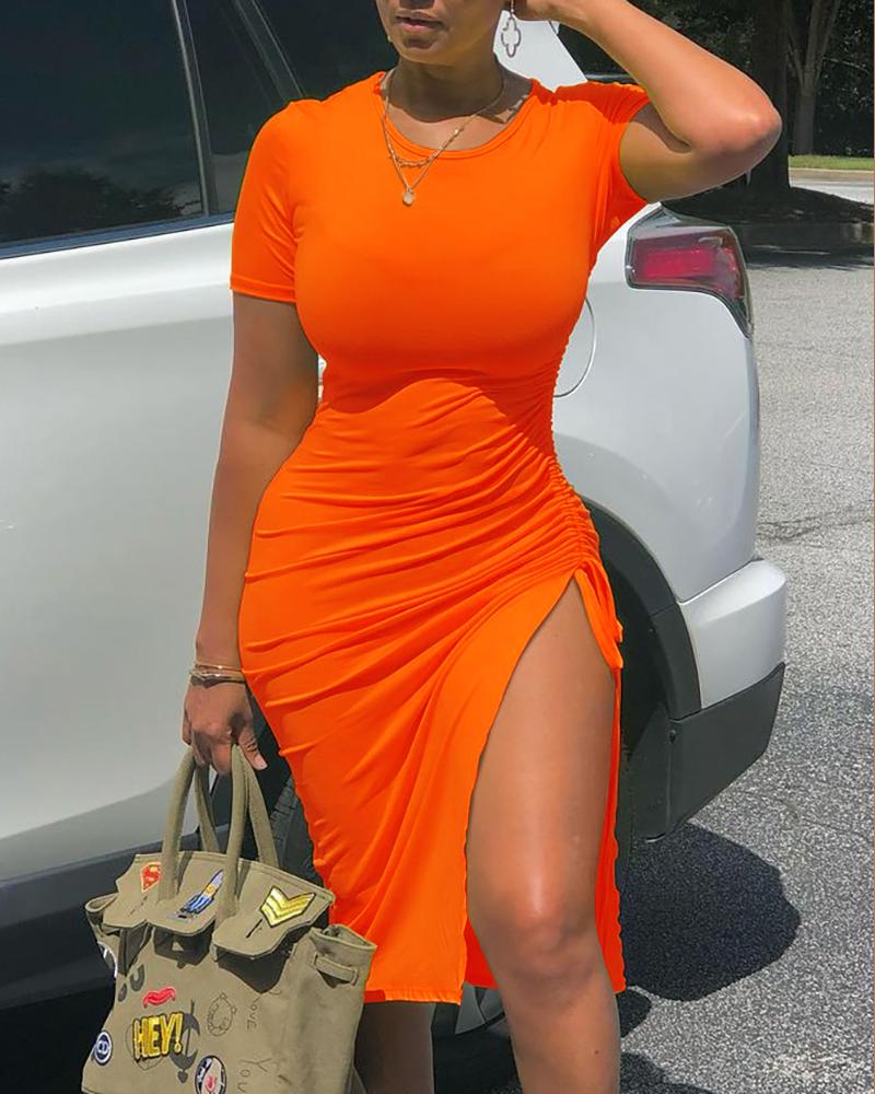 

Short Sleeve Drawstring Ruched High Slit Dress, Orange