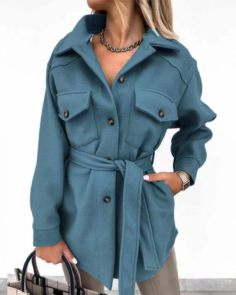 

Long Sleeve Flap Detail Button Up Belted Shacket, Blue