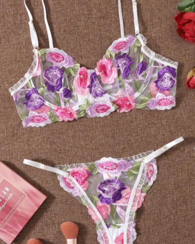 

Floral Embroidered Lace Lingerie Set, Multicolor