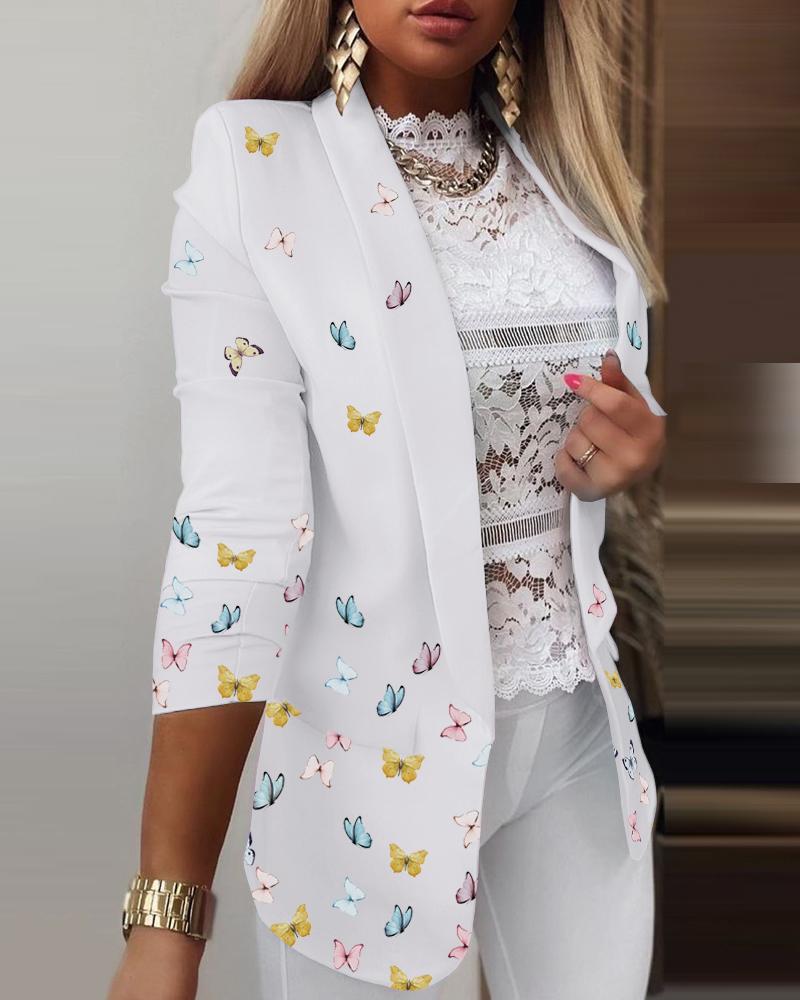 

Butterfly Print Long Sleeve Blazer Coat, White