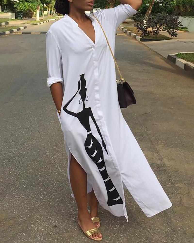 

V-Neck Graphic Print Pocket Design Slit Maxi Dress, White