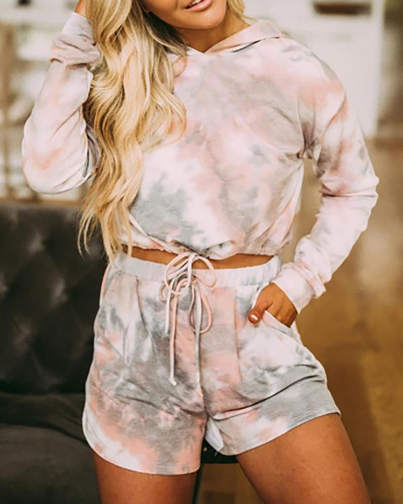 

Tie Dye Print Hooded Top & Shorts Set, Pink