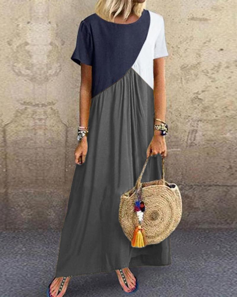 

Colorblock Patchwork Short Sleeve Maxi Dress, Dark grey