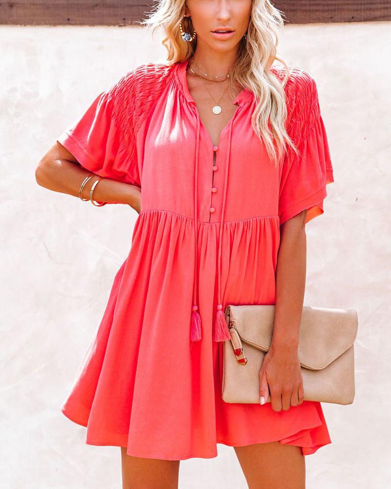 

Solid Color Splicing Tassel Lace-up Short Sleeve Mini Dress, Red